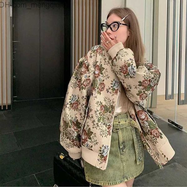 Chaqueta de béisbol con estampado floral dulce de cuero de imitación para mujer Primavera / verano Nueva manga larga con cremallera Corea Harajuku Moda Abrigo suelto Ropa de mujer Z230809