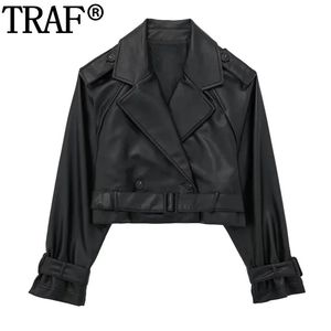 Cuir femme Faux cuir TRAF veste courte noire femme coupe-vent veste en simili cuir femmes à manches longues Trench manteau pour femmes Y2k ceinture en vestes 231026