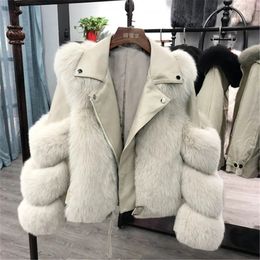 Mujer Cuero Imitación Cuero Veste de Luxe en Fausse Fourrure de Renard pour Femme Vetement d'Exterieur Court en Cuir PU Chaud Hiver 231205