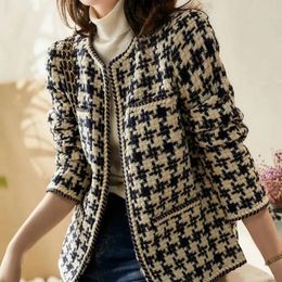 Mulheres de couro falso couro vintage início do outono tweed mulheres jaqueta ins estilo elegante cavalheiros preto branco tweed senhora inverno cardigan outwear 231026