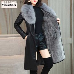 Cuir Femme Faux Cuir VmewSher hiver femmes veste en cuir grand col de fourrure nouvelle peluche doublé velours chaud mince ceinture longue en cuir manteau Fe vêtements d'extérieur M-4XL L231018