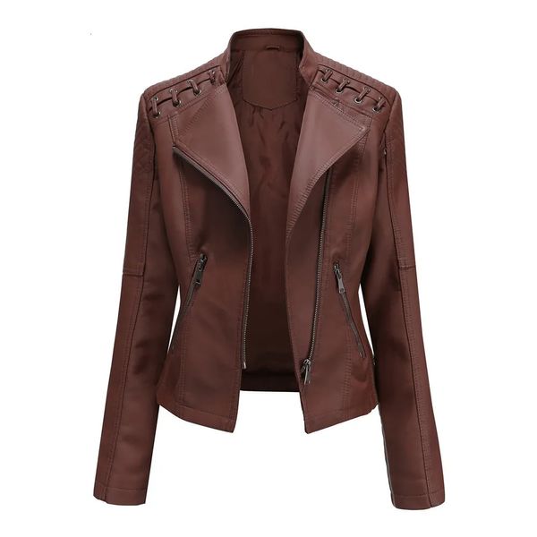 Femme Cuir Simili Cuir Femme Veste Simili Cuir Taille Européenne Manteau Printemps Automne Moto Biker Veste Fermeture Éclair Violet Café Jaune Rouge Marron Marine 231012