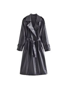 Damesleer Faux Leather Dames Fall Casual Fashion CHIC Belted Faux Leather Trench Coat Vintage Rapel Lange Mouw Slim Fit Solid Color Jacket 230130