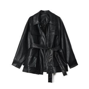 Veste en similicuir noir ample pour femmes beau printemps et automne femmes moto mi-long manteau femme NS2463