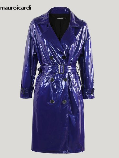 Femmes cuir Faux Nerazzurri automne longue imperméable violet brillant réfléchissant brevet PVC manteau femmes ceinture Double boutonnage mode européenne 231214