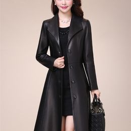 Femmes cuir Faux Nerazzurri printemps automne long noir doux faux cuir manteau femmes manches boutons coupe ajustée veste élégante 220928