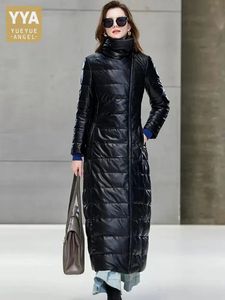 Femmes en cuir Faux piste femmes marque Max longue véritable doudoune épais chaud élégant dames hiver pardessus noir vestes 230928