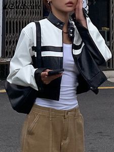 Damesleer Faux Suchcute Koreaanse straatcontrast Zwarte witte printjassen motorfiets o nek PU Coats Zip omhoog Moto Biker Women Tops 230403