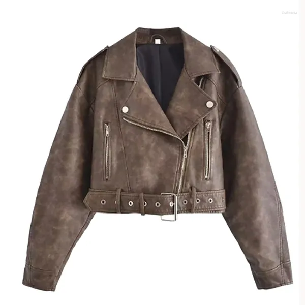 Chaqueta Bomber de piel sintética de ante para mujer, abrigo marrón Vintage, traje corto elegante con cremallera, abrigos de calle para mujer