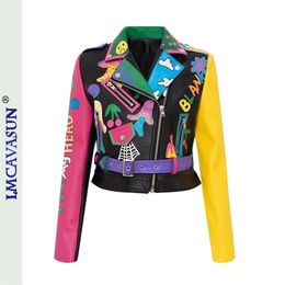 Damesleer Faux Thais merk kunstmatige jas pu jas vlam print graffiti klinknagels punk lagen vrouwen locomotieve kleding zwarte tops 220928