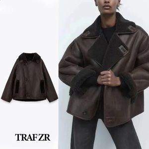 Women's Leather Faux TRAF ZR Winter Coat for Women Thick Fur Sheepskin Lapel Zipper Pu Jacket Lady Warm Motorcycle Jackets 231116