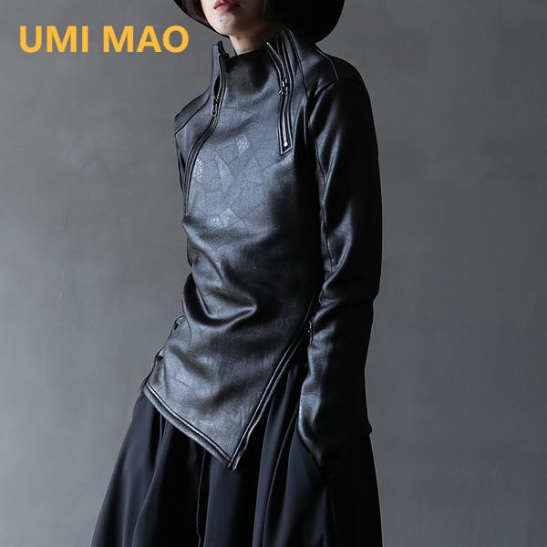 Femmes Cuir Faux UMI MAO Sombre Yamamoto Style Irrégulier Col Montant Diagonale Fermeture Éclair Sweat Femme Cool Noir Gothique Veste Y2K 221116