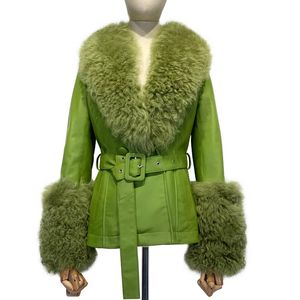 Femmes Cuir Faux Femmes Bouclés Col De Fourrure Véritable Veste Dames Manteau En Cuir D'agneau Naturel