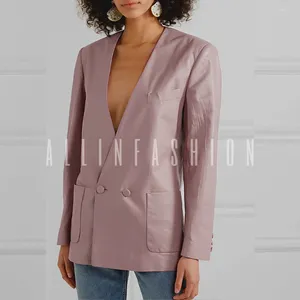 Veste de costume en cuir d'agneau pour femme, coupe minimaliste, sans col, rose Dopamine, véritable, automne/hiver 2024