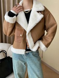 Damesleer Ftlzz Autumn Winter Winter Women Fashion Faux Lamb Fur Jacket Lady Streetwear Dikke Warm Turn Turn Down Collar Wol Short Coat