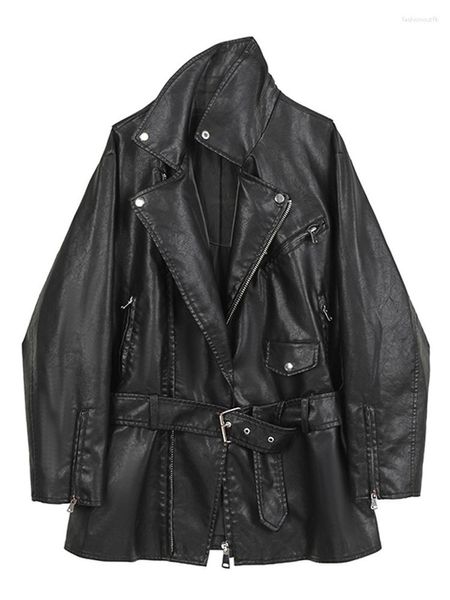 Femmes en cuir FTLZZ printemps automne femmes mode Moto Biker veste en polyuréthane Streetwear revers fermeture éclair Faux manteau avec ceinture vêtements d'extérieur amples