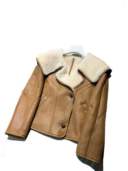 Manteau intégré en cuir et fourrure pour femmes, grand revers, simple boutonnage, Design décontracté, mode automne 2024, 1107