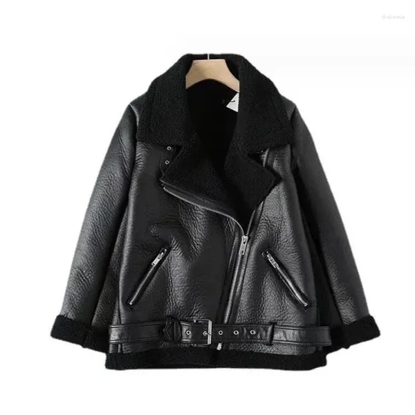 Locomotora Retro de piel de cuero para mujer, chaqueta de invierno con cinturón, chaqueta de manga larga con solapa acolchada, abrigo negro cálido con cremallera, Tops elegantes para mujer