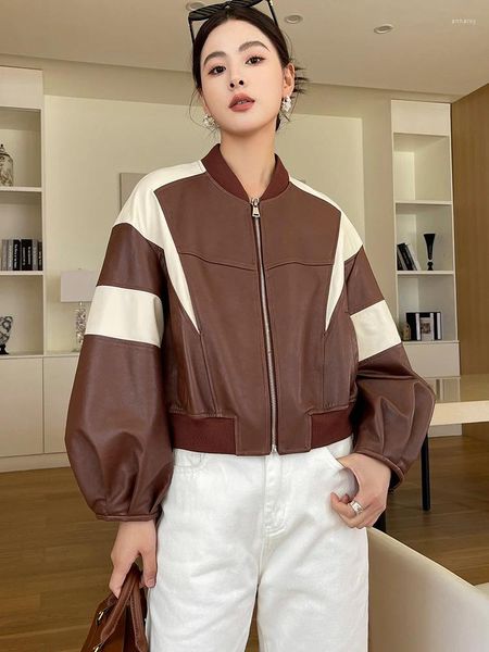 Chaqueta Bomber de piel auténtica para mujer, abrigo de piel de oveja recortada informal con diseño de costura de Color contrastante, otoño 2023