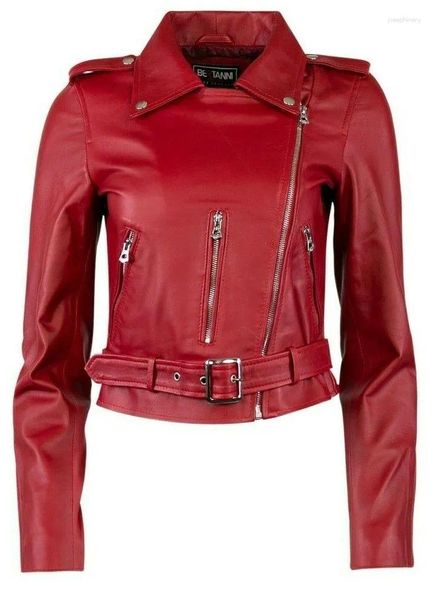 Ropa genuina de cuero para mujer, chaqueta de bicicleta para motocicleta de estilo puro de carreras, tendencia de moda europea y americana roja