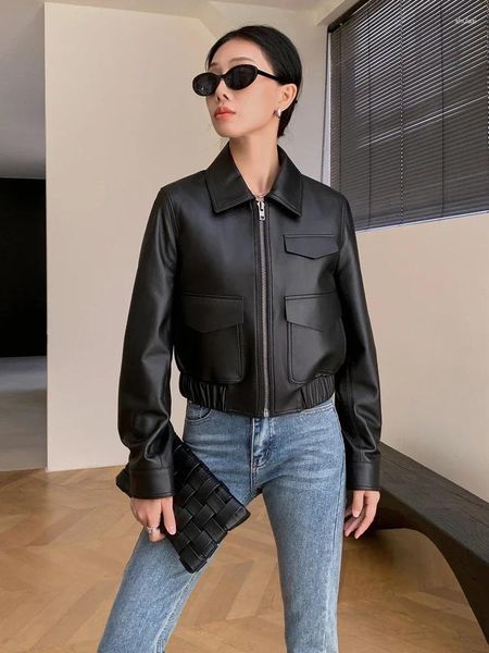 Veste de moto courte en cuir véritable pour femmes, tendance haut de gamme, Slim, fermeture éclair, manteau noir en peau de mouton véritable, 2023