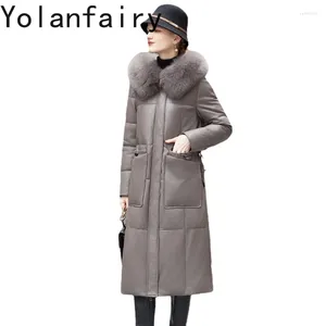 FCY – doudoune en cuir véritable pour femme, manteau d'hiver mi-long, Slim, à capuche, col en fourrure, épais, en peau de mouton, 2024