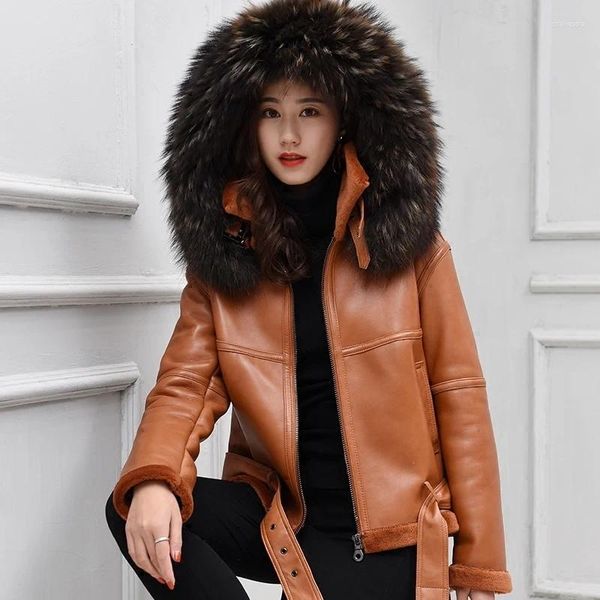 Veste en cuir véritable pour femme, capuche en fourrure naturelle, manteau d'hiver en peau de mouton, 118