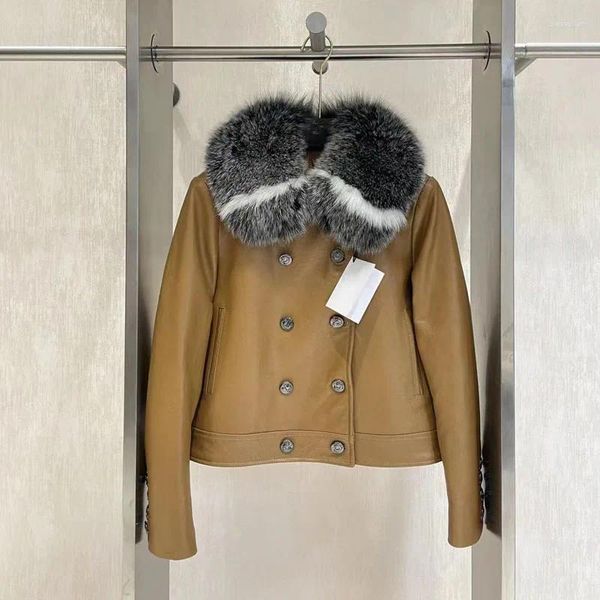 Veste en cuir véritable pour femme, manteau à col en fourrure argenté véritable, à la mode, court, épais et chaud, Double boutonnage, hiver 2023