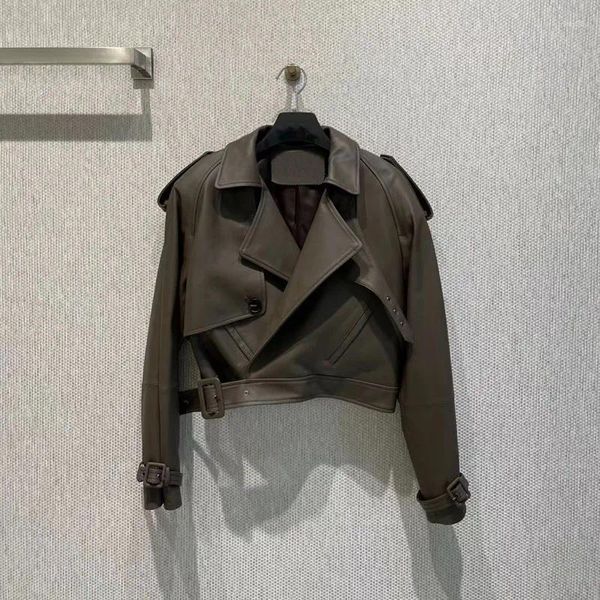 Veste en cuir véritable pour femmes, courte longueur, col rabattu, Style décontracté, mode, haute qualité, vêtements en peau de mouton véritable importés, 2023