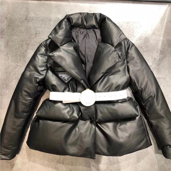 Chaqueta de cuero genuino para mujer, chaqueta holgada de invierno con cinturón, chaqueta corta de piel de oveja para pan, 2023