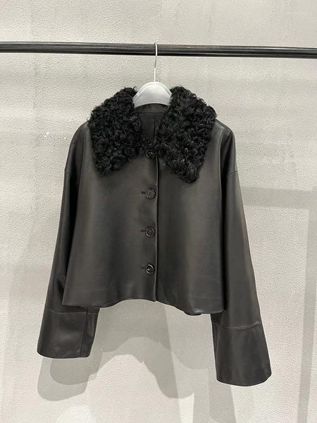 Vestes en cuir véritable pour femmes, Style ample avec col en vraie fourrure d'agneau, manteau en peau de mouton, mode coréenne, vêtements de luxe, 2023