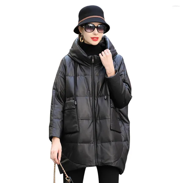 Manteau à capuche en cuir de mouton véritable pour femme, vêtement d'extérieur Long, pardessus LF2350BM