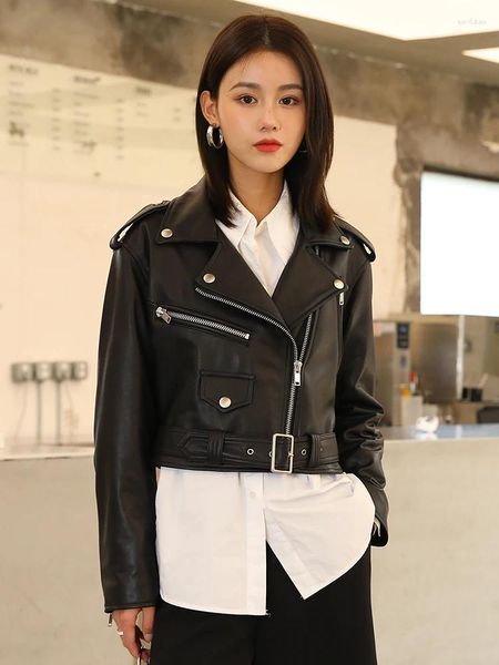 Veste de moto en cuir véritable pour femmes, Slim, tendance, Simple, haut de gamme, noir, taille haute, manteau court en peau de mouton, 2023