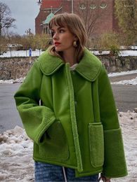 Cappotto da donna in pelle verde autunno autunno PU risvolto cappotto invernale monopetto manica lunga tasca giacca 2023 moda vintage streetwear signora
