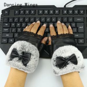 Gants de demi-doigt en cuir pour femmes pour la fourrure de lapin de peau de mouton d'automne et d'hiver, d'écriture et de gants informatiques