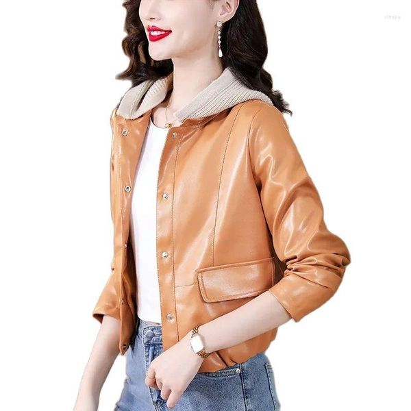 Chaqueta corta de cuero de gama alta para mujer, abrigo para primavera y otoño, versión coreana, Tops informales con capucha, 2023