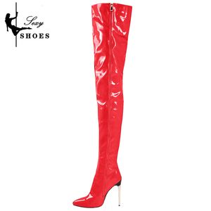 Leerleren dunne hakken met dames 157 Patent over-de-knie laarzen groot formaat stiletto sexy stripper schoenen bota's mujer 230807 563