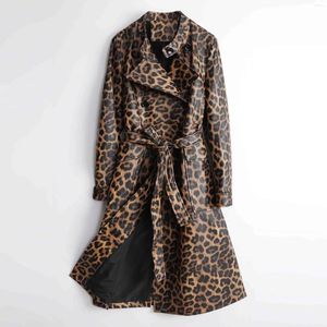 Trench-Coat en cuir véritable pour femmes, de haute qualité, imprimé léopard, à la mode, poches de ceinture à lacets, vêtements d'extérieur longs en peau de mouton