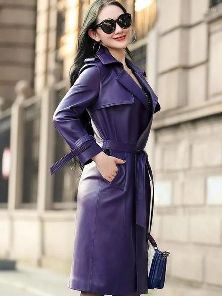 Veste en cuir pour femmes, Trench-Coat Long en peau de mouton souple avec ceinture pour bureau, de luxe, élégant, véritable, blanc, automne 2023