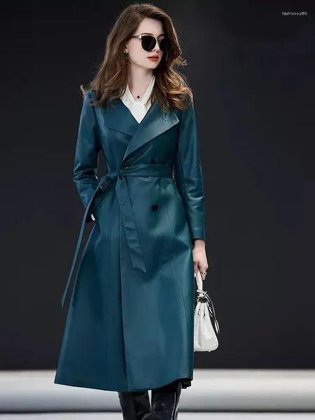 Veste en cuir féminine 2023 Marque authentique Bureau de pardessus longs dame élégante trench à double poit