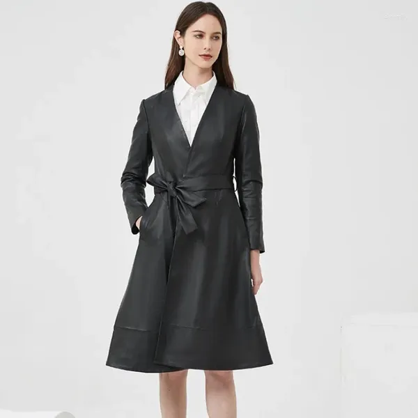 Veste en cuir véritable pour femmes, Trench-Coat Long avec ceinture pour bureau, coupe-vent élégant, Nat, printemps, 2023