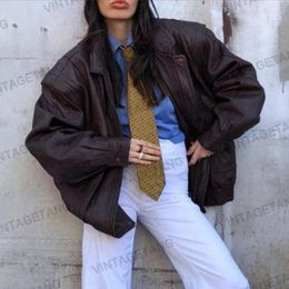 Chaqueta de cuero para mujer 2023 estilo callejero vintage solapa marrón abrigo de imitación suelto