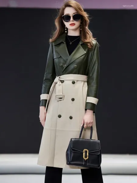 Veste en cuir pour femmes, coupe-vent d'automne, manteau, couleurs mélangées, imprimé léopard, peau de mouton véritable, longue ceinture, luxe, 2023