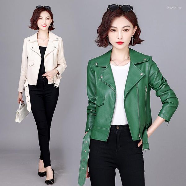 Cazón de chaqueta de cuero para mujeres 2023 Autumn S-3xl Motorcycle Ropa de motos cortos de damas delgadas y abrigos verdes