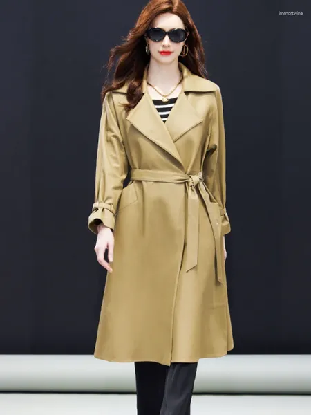 Veste en cuir femme élégante longue en peau de mouton véritable ceinturée bureau dames automne couleurs mélangées coupe ample Windb2024