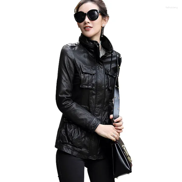 Veste en cuir femme mode haute qualité en peau de mouton mi-longue coréenne moto vestes SpringCoat Female2023