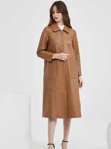 Veste en cuir véritable pour femmes, mode col carré, bureau dames, longue, haute qualité, printemps élégant, simple boutonnage, 2024