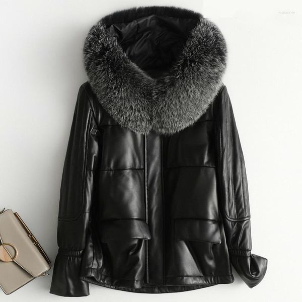 Veste en cuir pour femme réel duvet femmes col en fourrure à capuche automne hiver manteau en peau de mouton chaud femme Parkas Doudoune2023