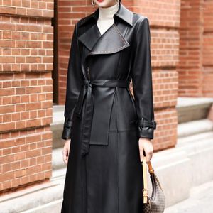 Veste en cuir pour femmes en peau de mouton véritable printemps manteau ceinturé femmes vêtements Silm longues vestes noir femme Trenchcoat C2023
