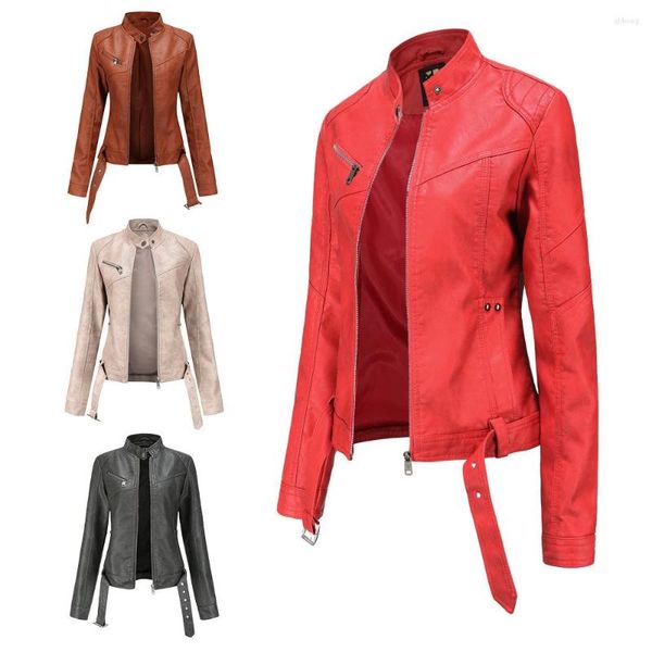 Chaqueta de cuero para mujer, corta, de PU, talla grande, delgada, abrigo de primavera para mujer, cinturón con cuello levantado, tela elegante a la moda para chica delgada, rojo y marrón